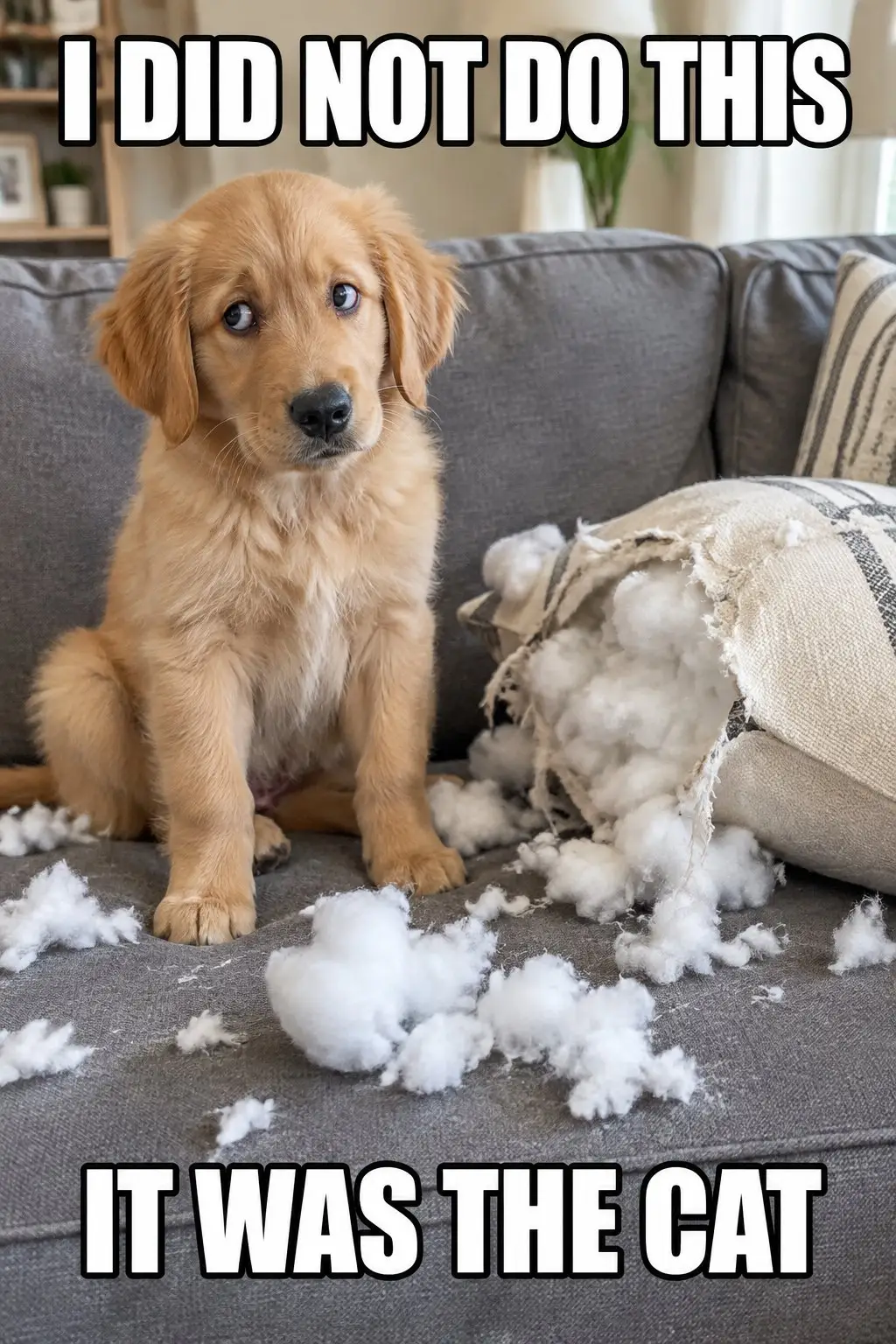 Remove text from image: meme captions removed from a puppy photo — original